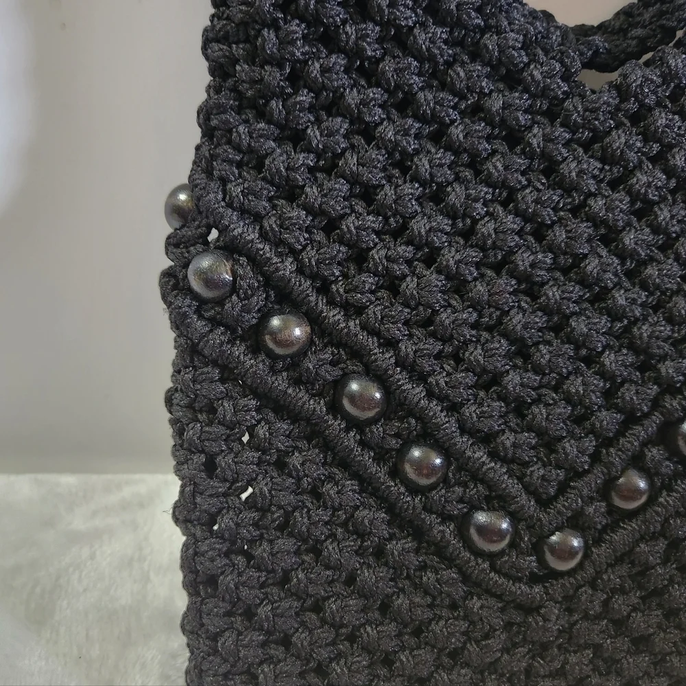 Vintage Hobo Boho Black Beaded Crochet Handbag Shoulder Bag Purse Bag